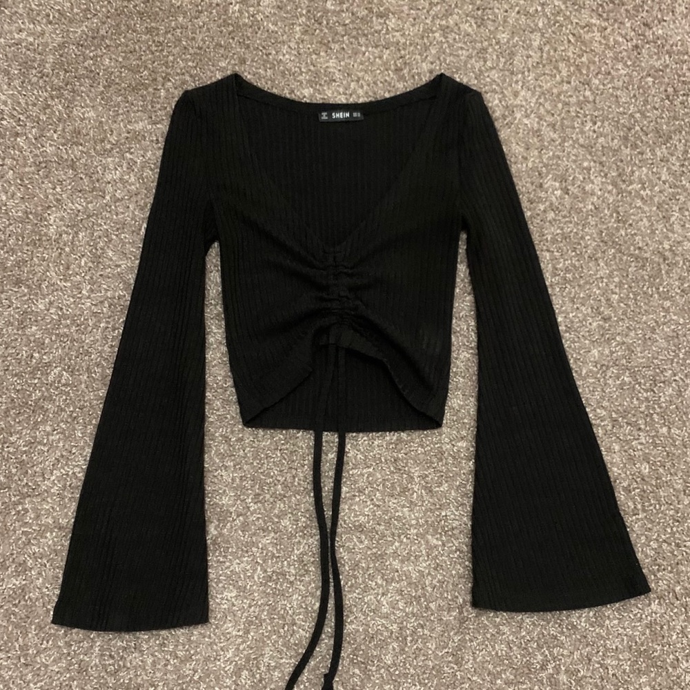 Bell Sleeve Black Scrunch Detail Top